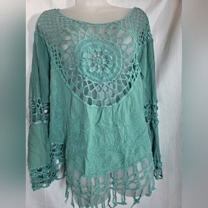 VENUS 2X Teal BoHo Crochet Lace Fringe Top